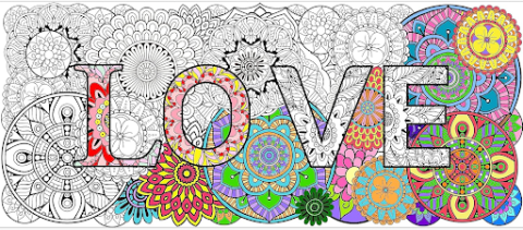 Half colored posted of the word "love" with flowers surrounding it. 