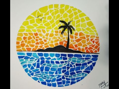 A simple mosaic of a palm tree on an island over the ocean. 