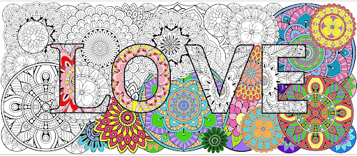 Half colored posted of the word "love" with flowers surrounding it. 